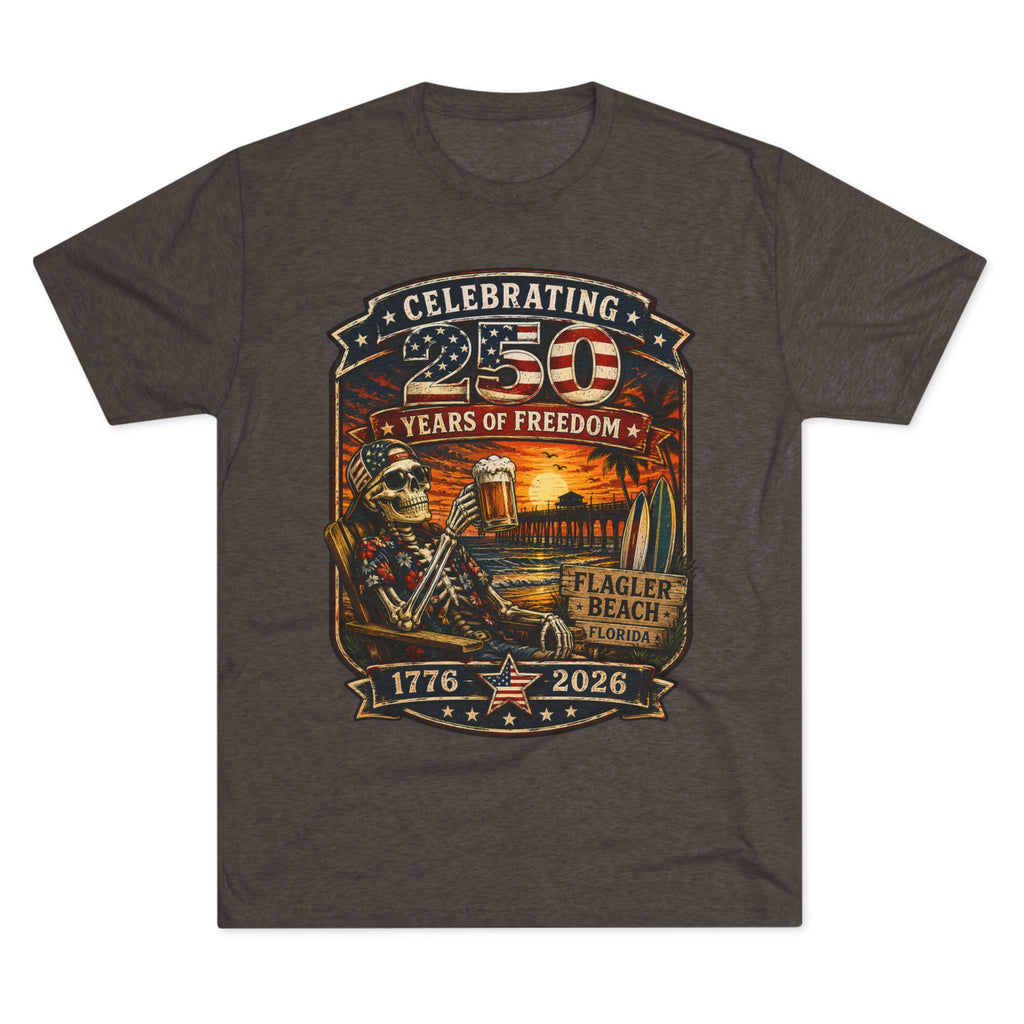 Flagler Beach 4th of July T-Shirt — America 250th Anniversary Skull & Surf Vintage Tee