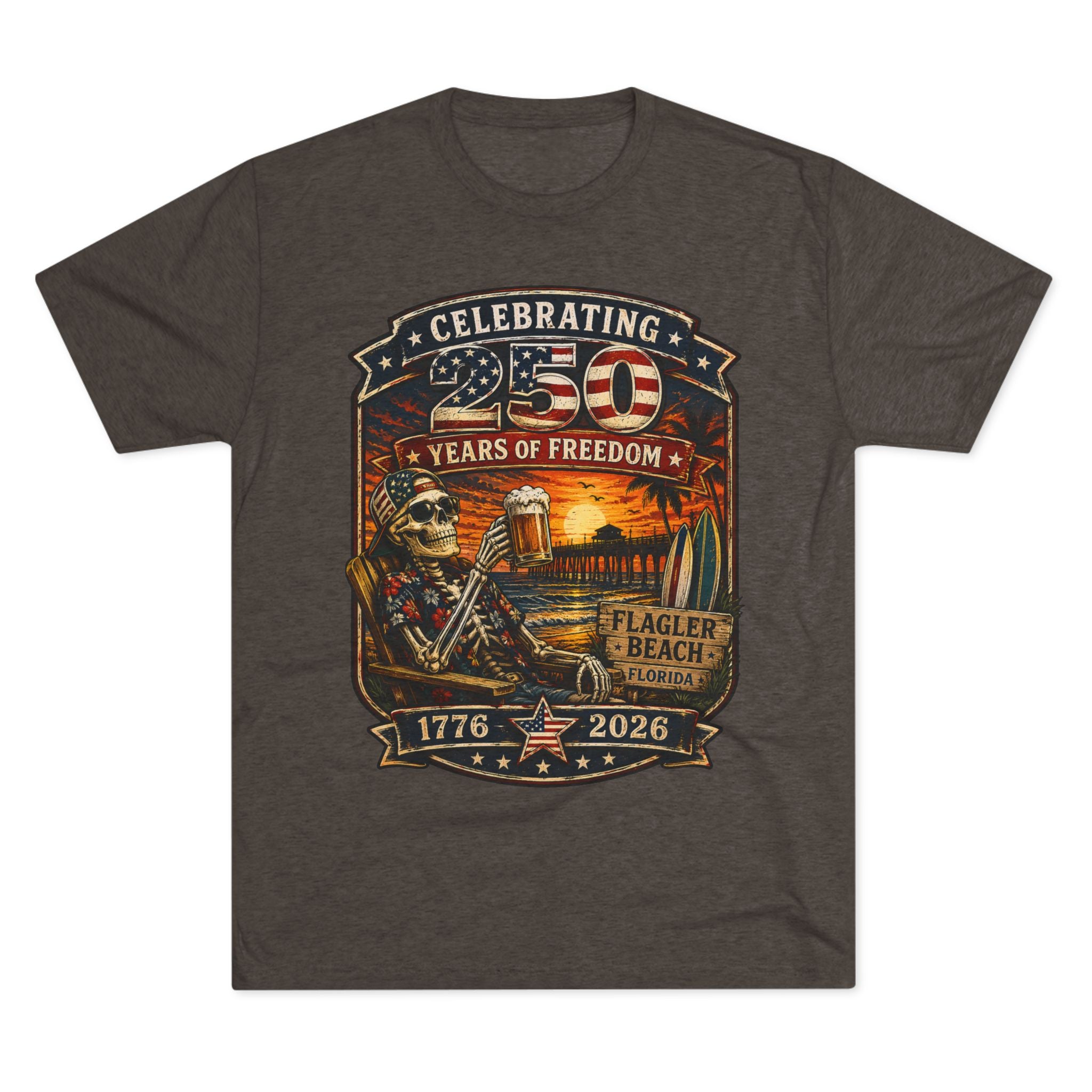 Flagler Beach 4th of July T-Shirt — America 250th Anniversary Skull & Surf Vintage Tee