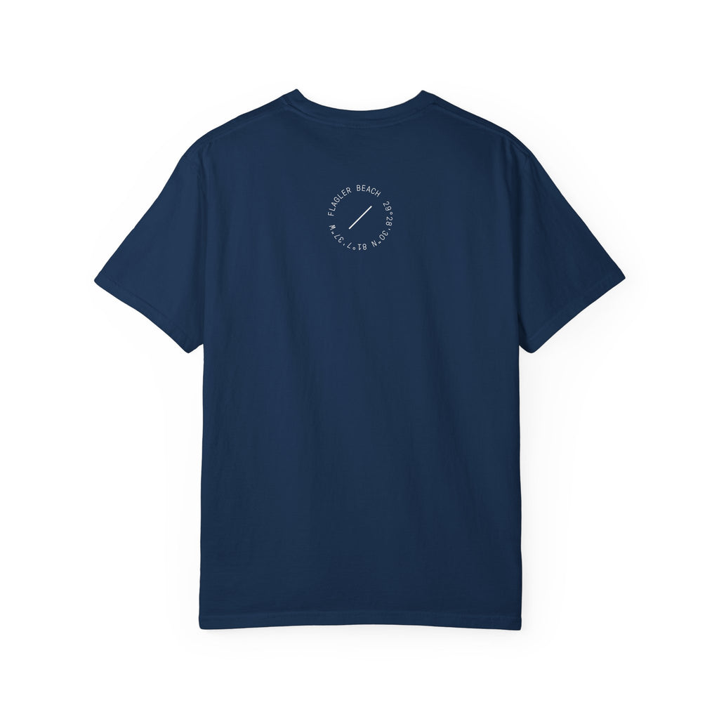 Navy blue t-shirt with a small white logo on the back against a white background